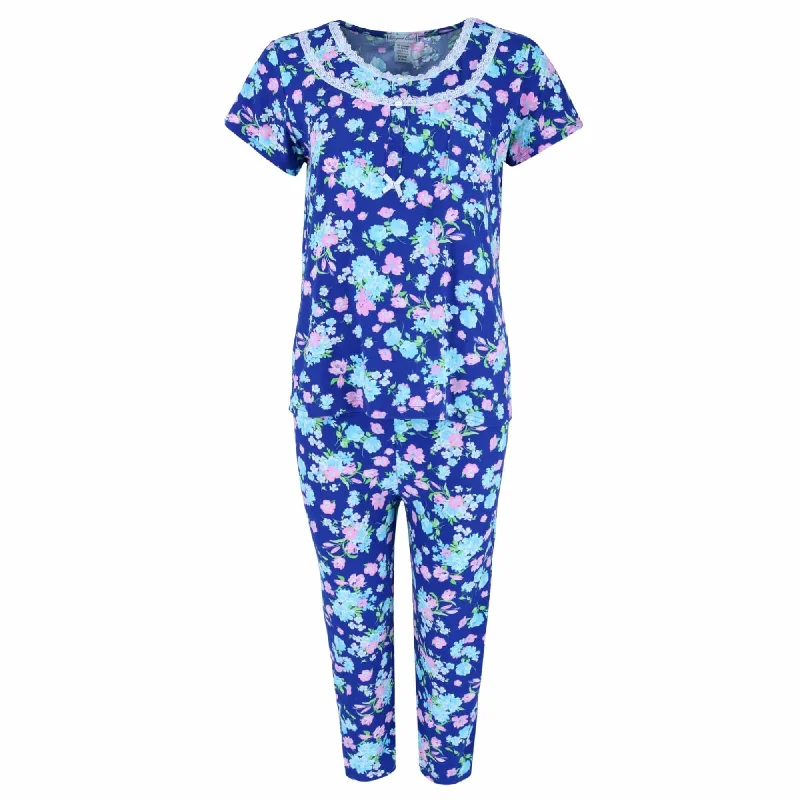 Elegant Emily Women's Blue Floral Capri Sleep Set