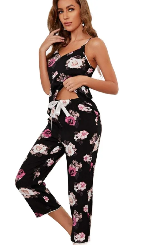 Floral V-Neck Cami And Cropped Pants Lounge Set