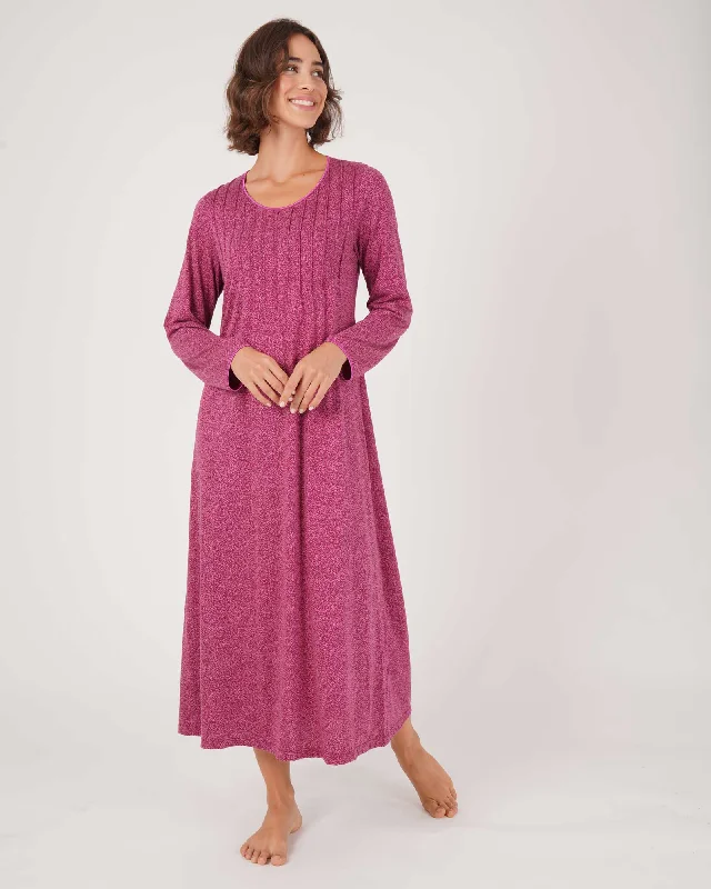 Women's French Pleat Long Sleeve Jersey Nightdress - Berry Leaf