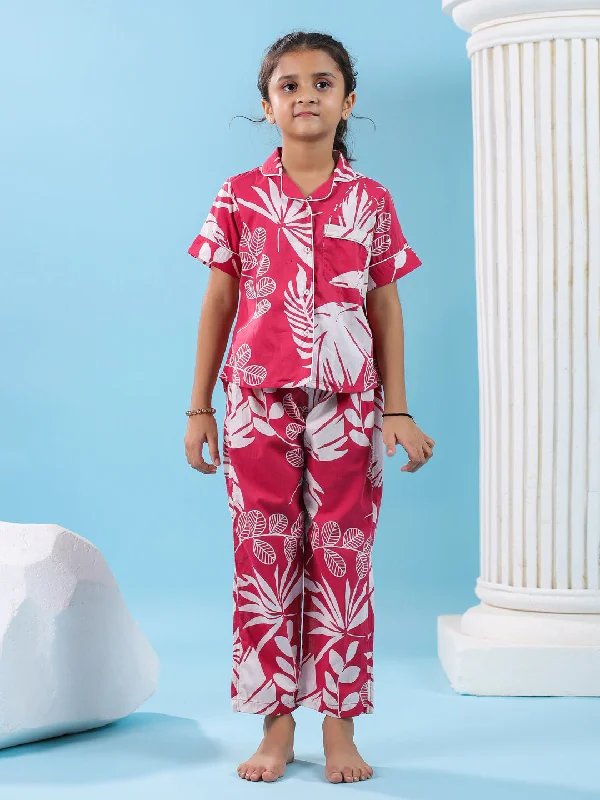 Pink Floral Cotton Night Suit for Kids