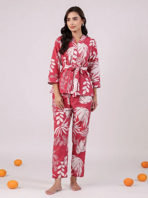 Pink Flower Printed Night Suit Set