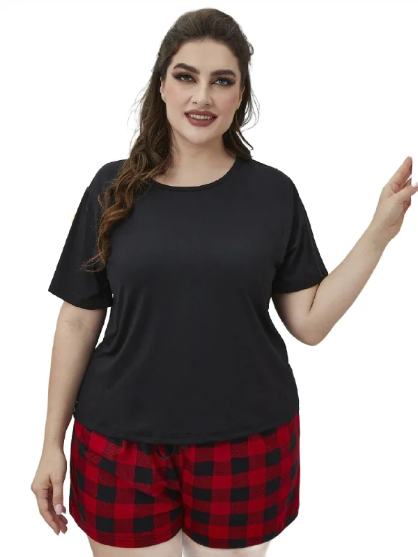 Plus Size Round Neck Tee Shirt And Plaid Shorts Lounge Set