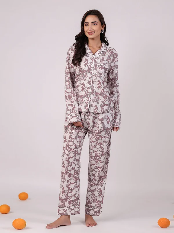 White Flower Printed Night Suit Set