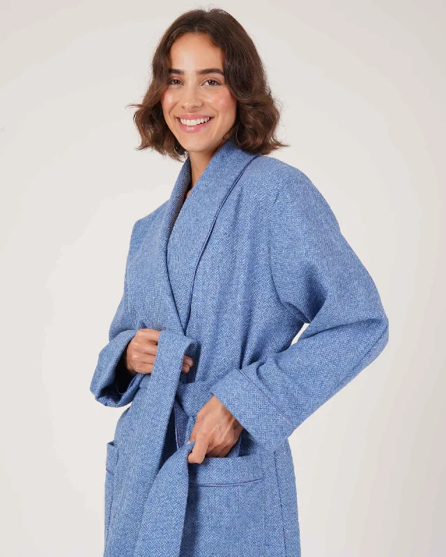 Women's Silk-Lined Wool Robe - Blue Herringbone