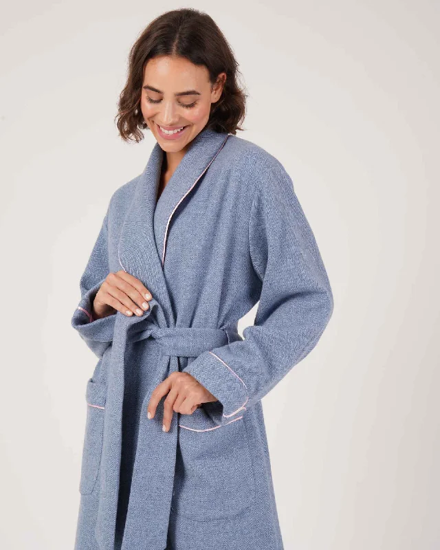 Women's Silk-Lined Wool Robe - Light Blue Herringbone