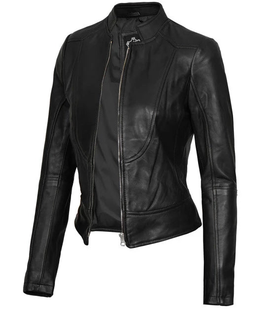 Amy Womens Black Cafe Racer Leather Jacket