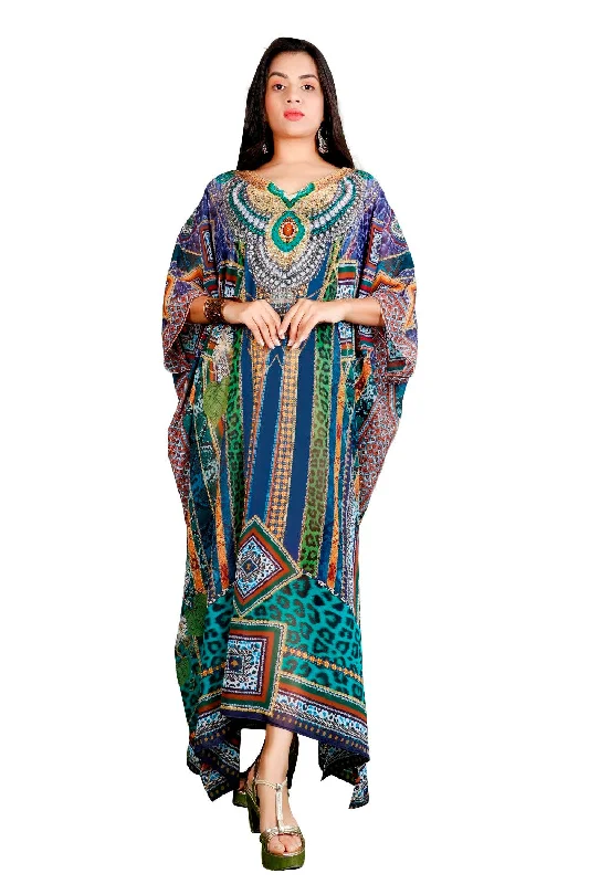 Beautiful Plus Size V neck beaded kaftan blue animal print caftan blue dress