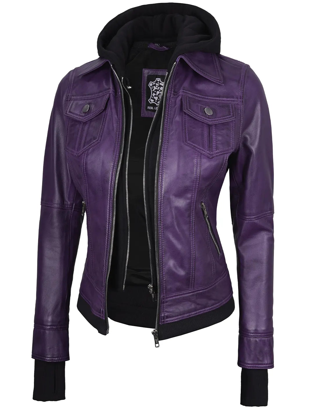 Women's Purple Bomber Leather Jacket with Removable Hood