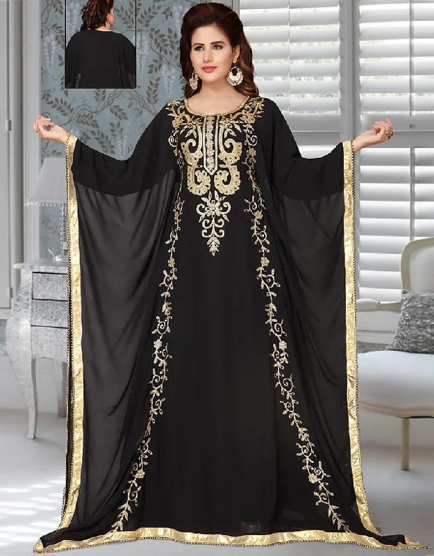 Modest Black Golden Embroidered Georgette Farasha