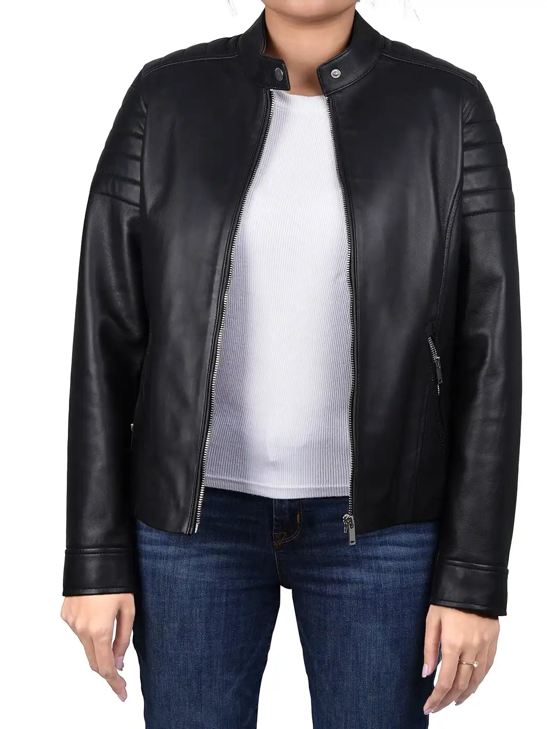 Carrie Relax Fit Black Cafe Racer Leather Jacket