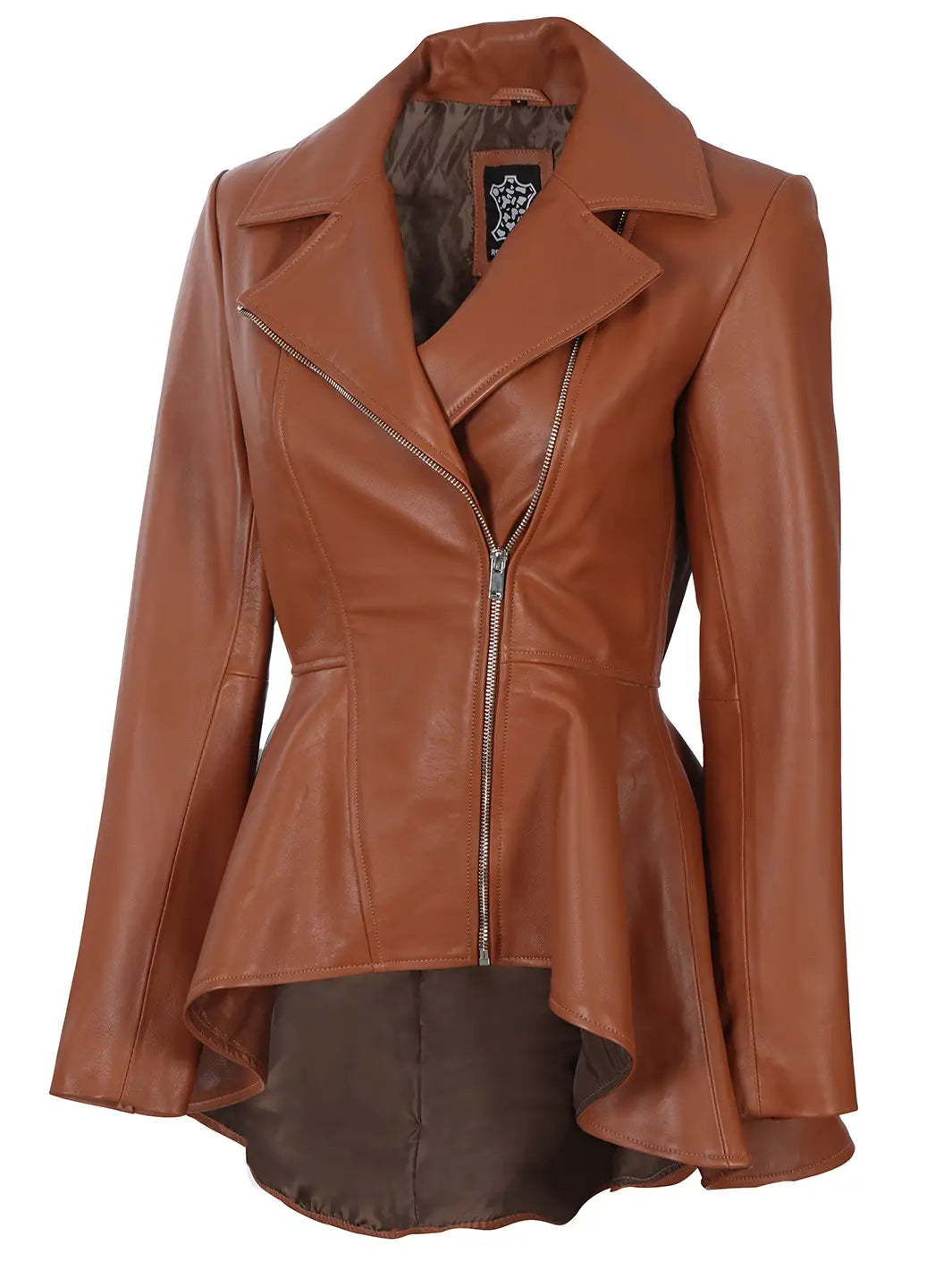 Clarissa Womens Cognac Wax Peplum Leather Jacket