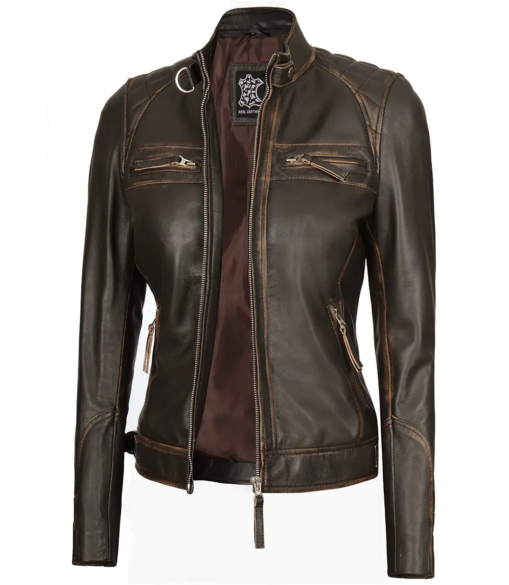 Diamond Women Rub Off Brown Leather Jacket