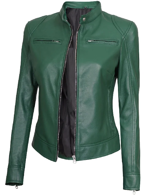 Dodge Women Motorcycle Green Leather Jacket