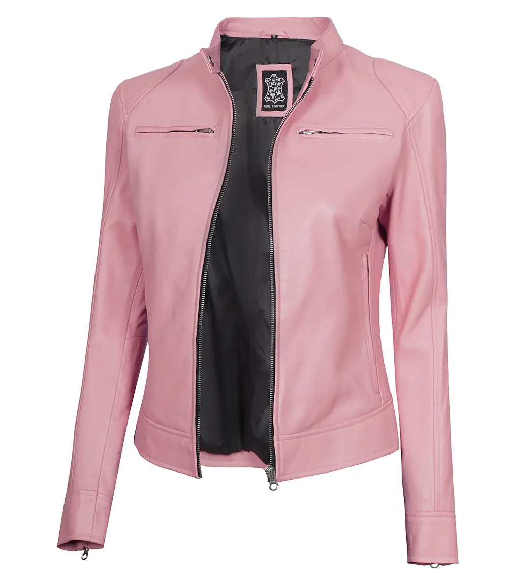 Dodge Women Light Pink Cafe Racer Motorcycle Leather Jacket