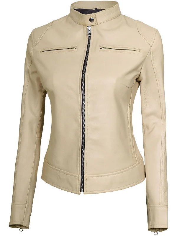 Dodge Women's Beige Leather Cafe Racer Motorcycle Jacket