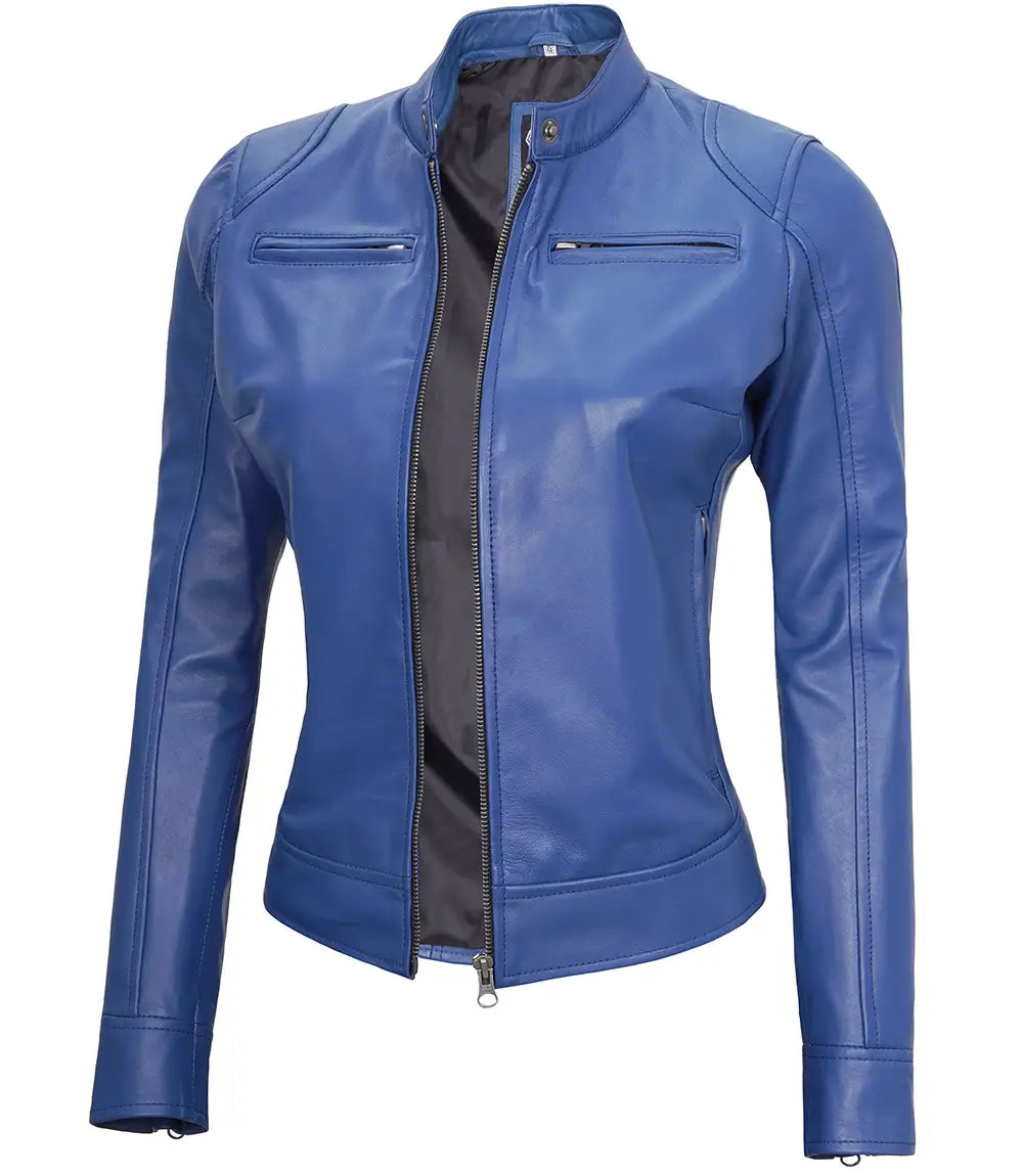 Dodge Women's Blue Leather Cafe Racer Motorcycle Jacket