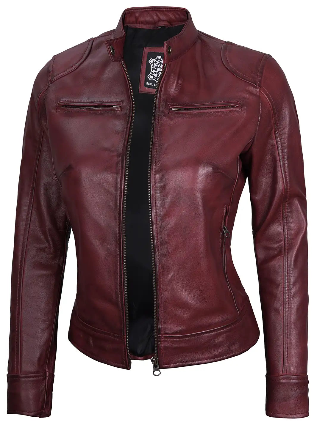 Dodge Womens Maroon Cafe Racer Leather Jacket