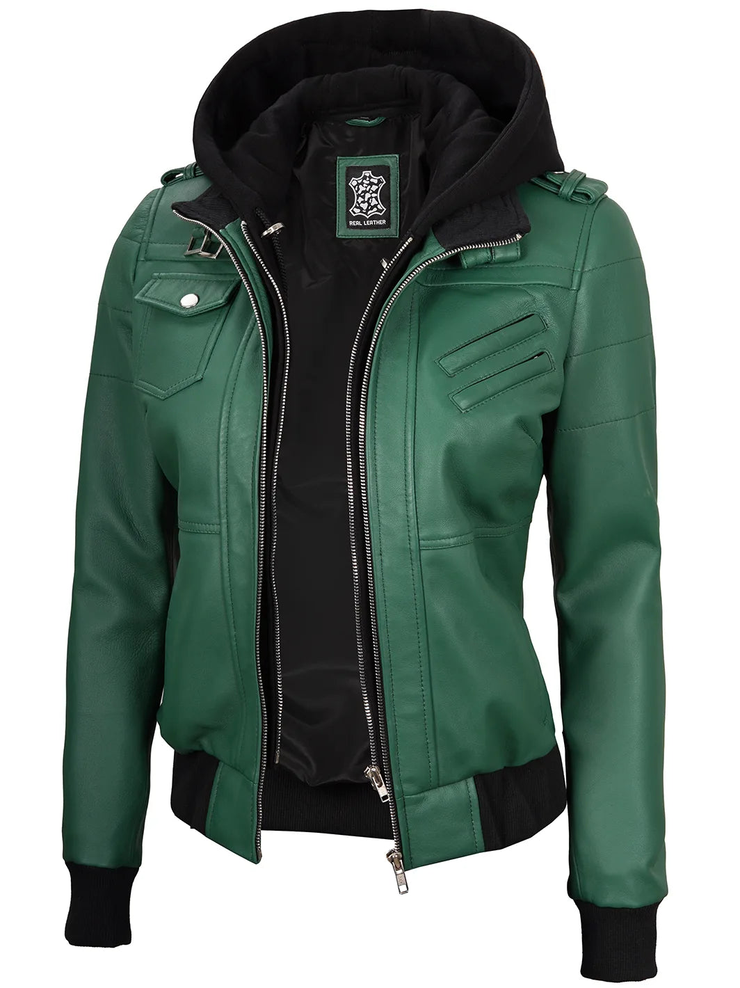 Edinburgh Green Bomber Hooded Leather Jacket