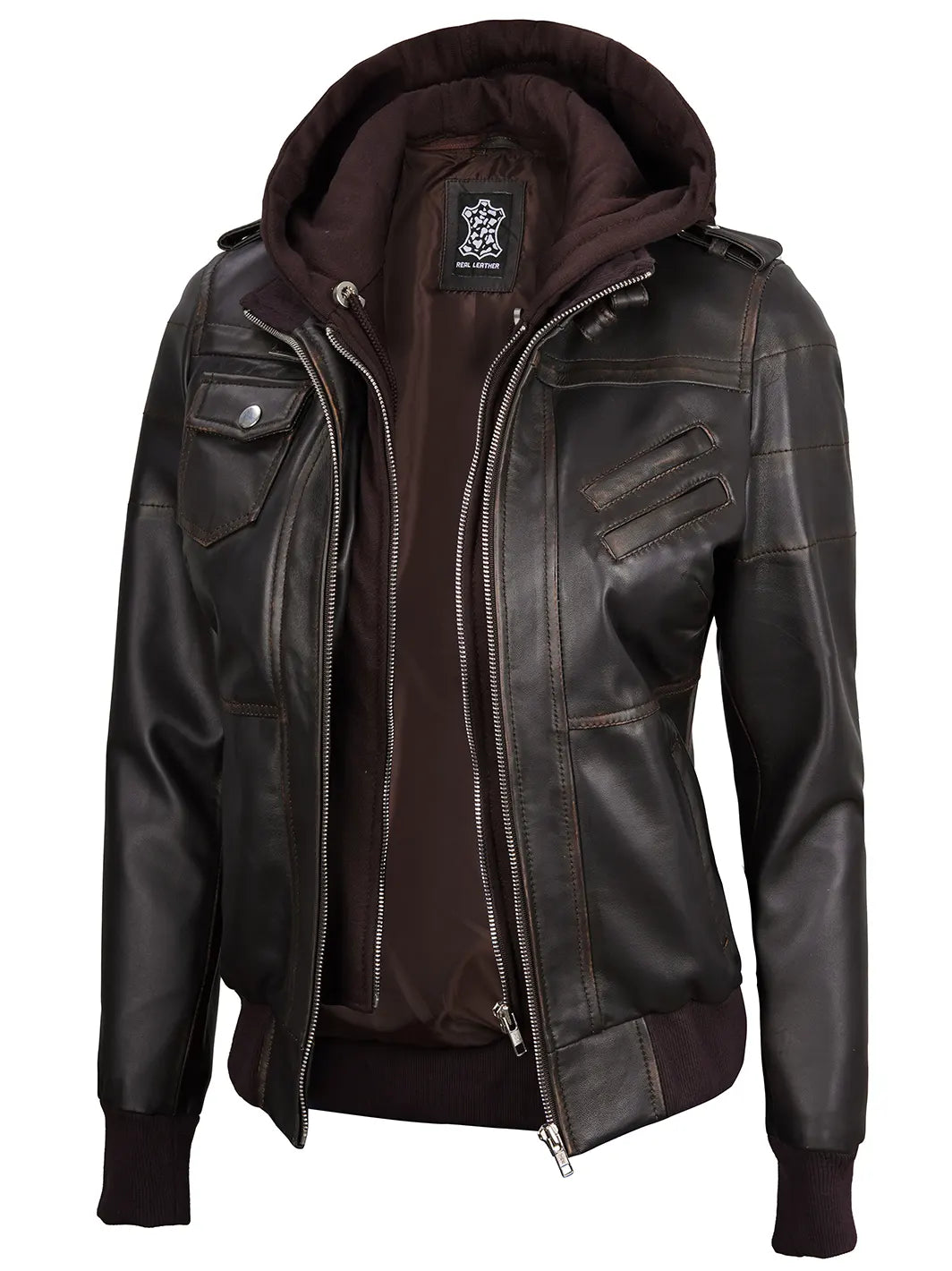 Edinburgh Rub Off Brown Leather Bomber Jacket With Removable Hood