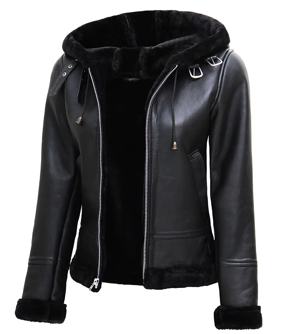 Grace Black Real Leather Hooded Shearling Jacket Women