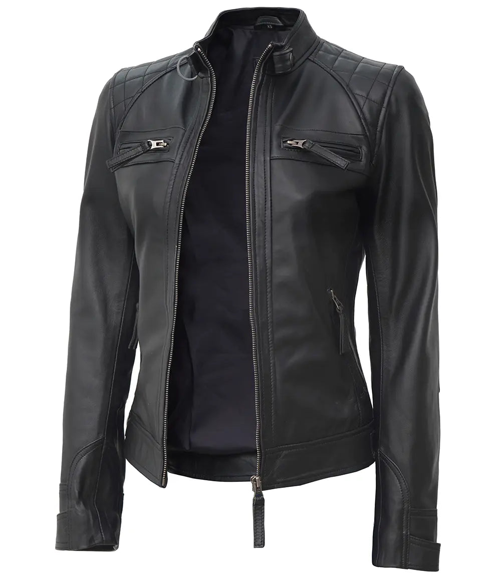 Johnson Women Black Cafe Racer Leather Jacket