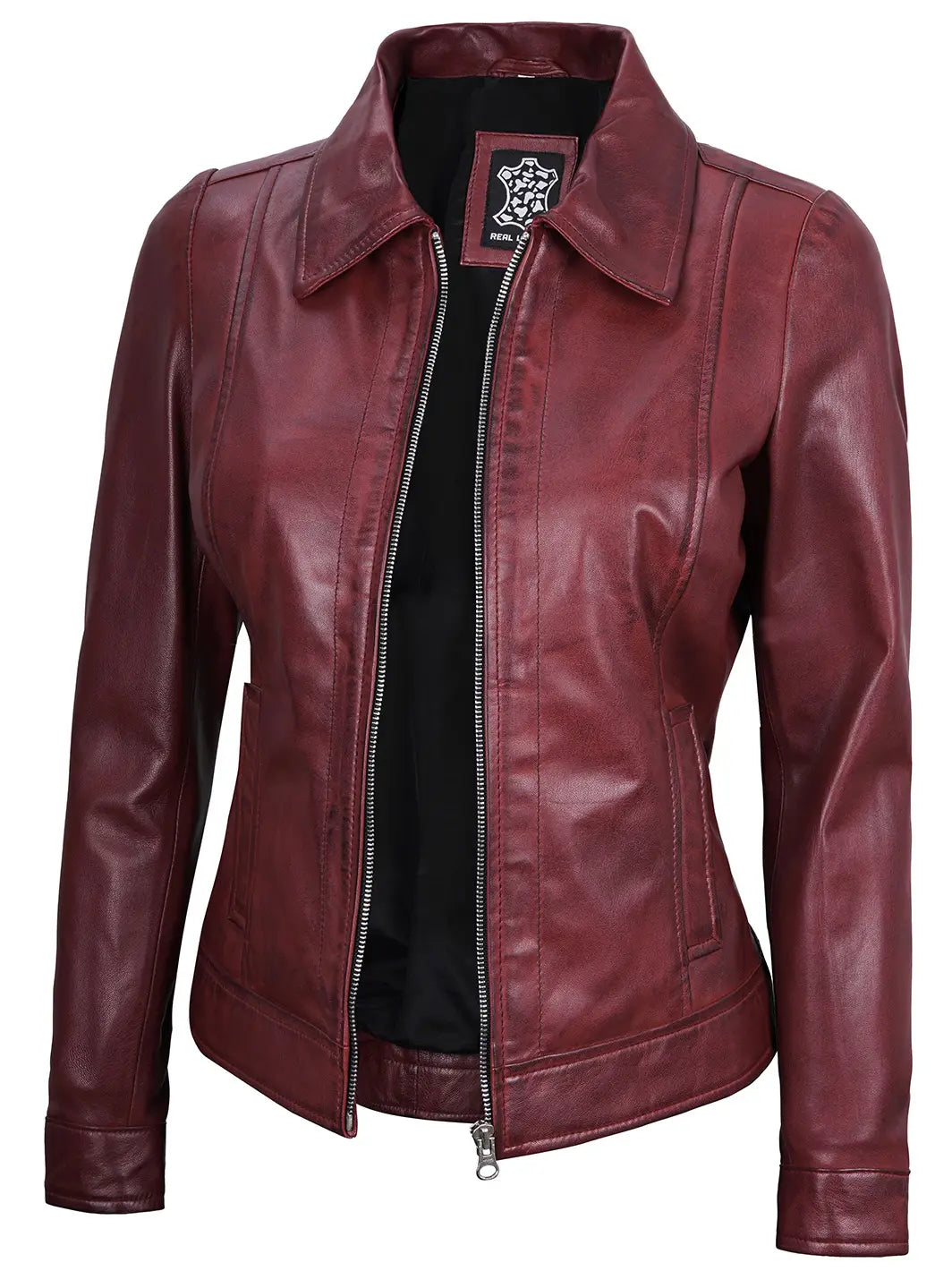 Jose Women Harrington Maroon Leather Jacket