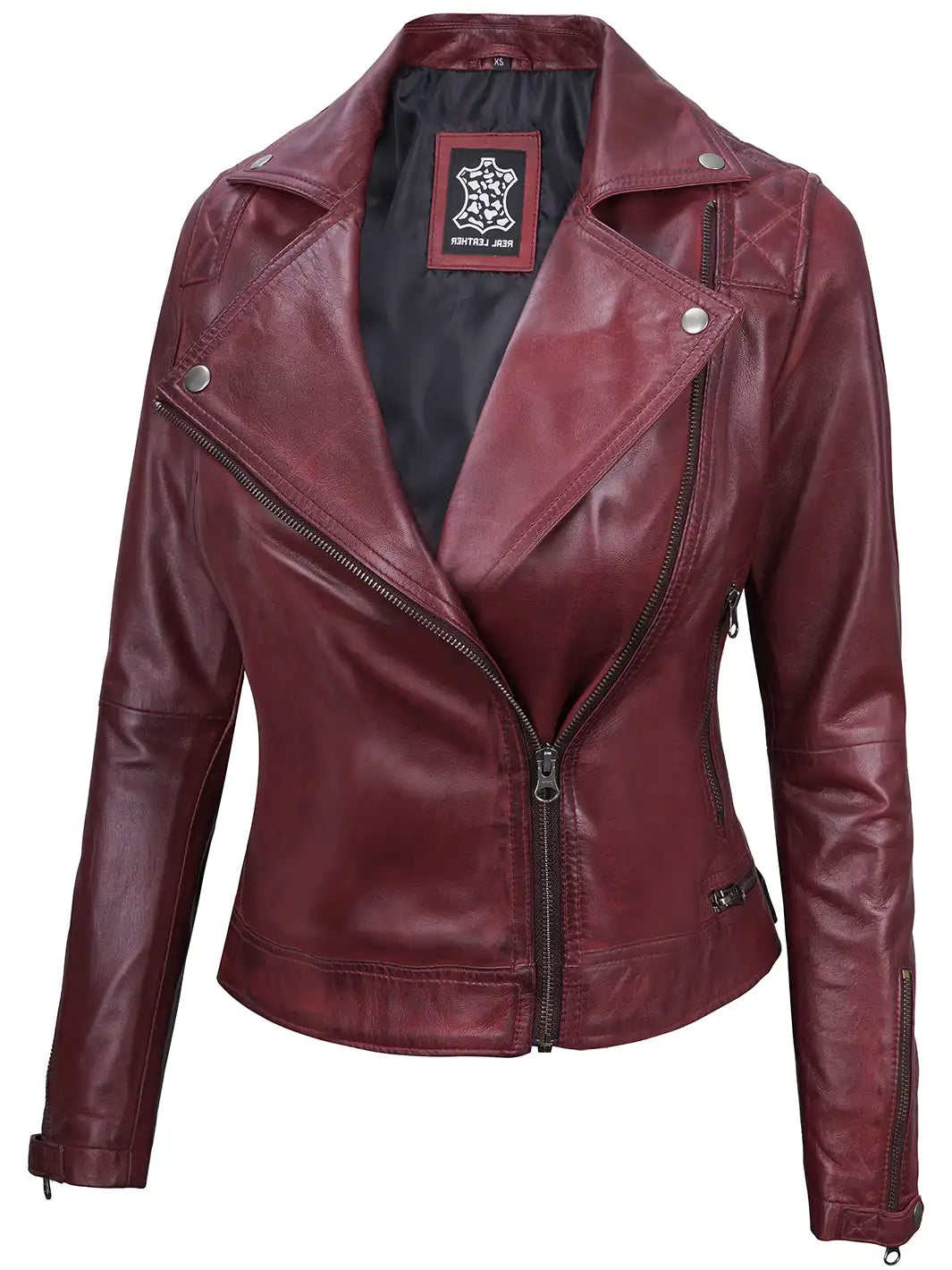 Kimberley Women's Asymmetrical Maroon Quilted Moto Leather Jacket