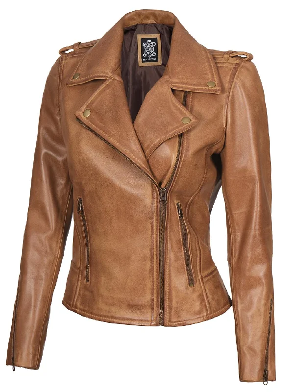 Kirsten Womens Asymmetrical Camel Brown Leather Jacket