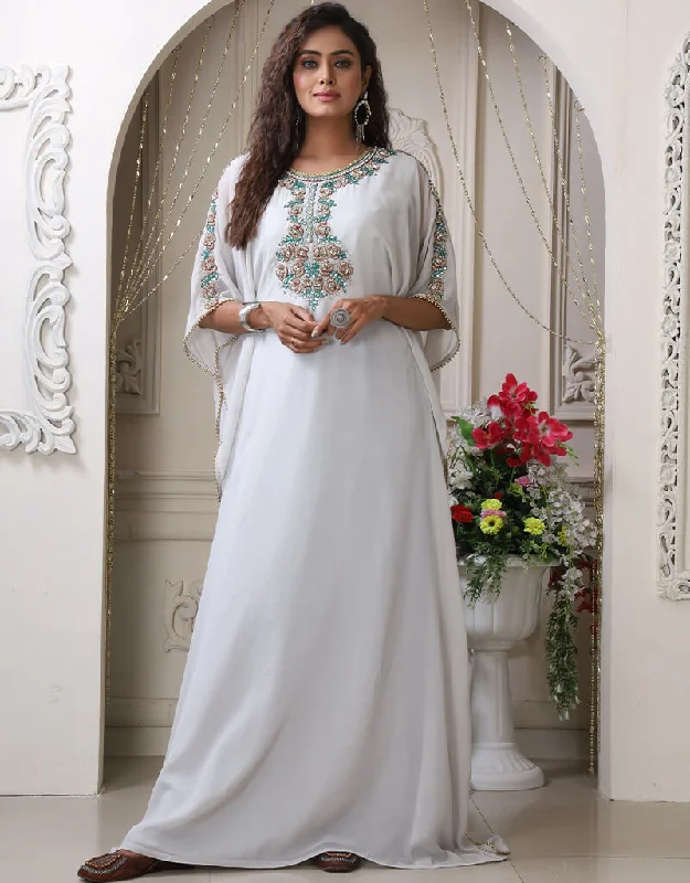 Chic Light Grey Georgette Stones Embroidery Farasha