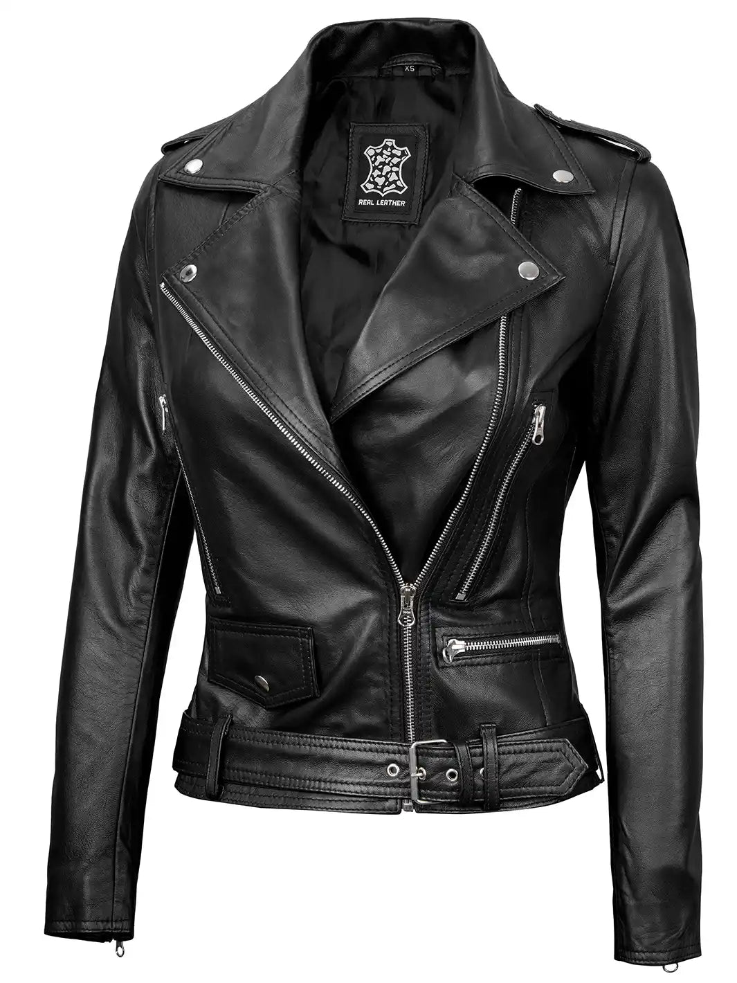 Marcella Womens Black Asymmetrical Cafe Racer Leather Jacket