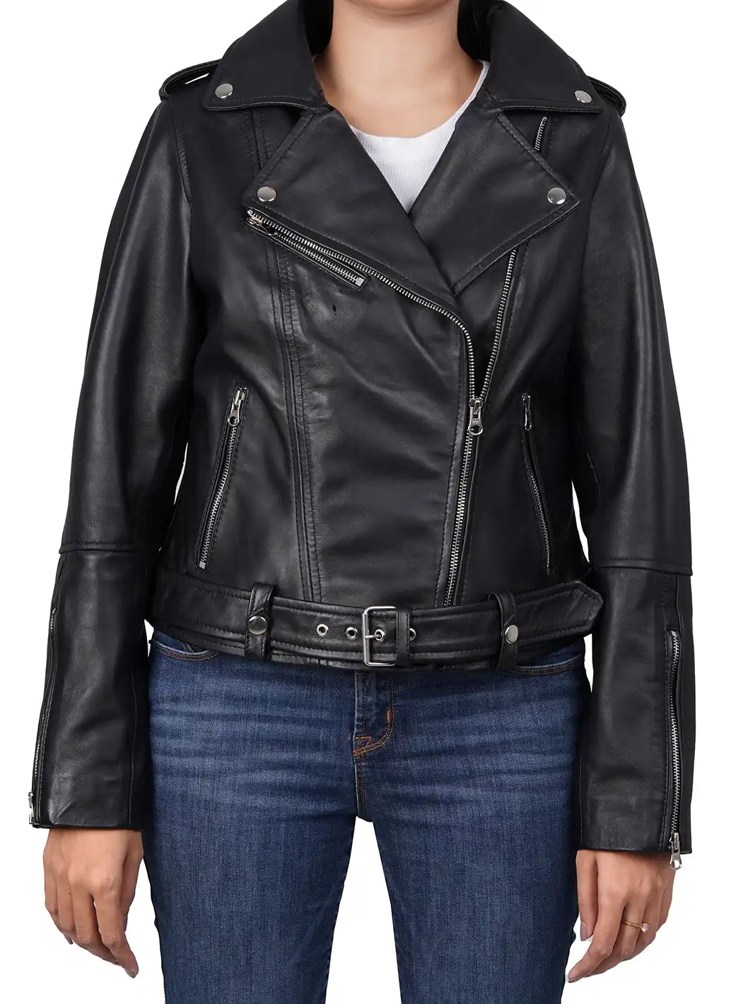 Margeret Relax Fit Black Leather Biker Jacket