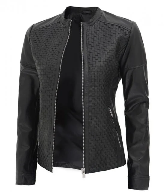 Maude Women's Black Textured Cafe Racer Leather Jacket