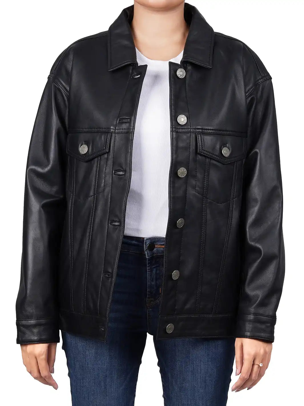 Medeleine Oversized Black Leather Trucker Jacket