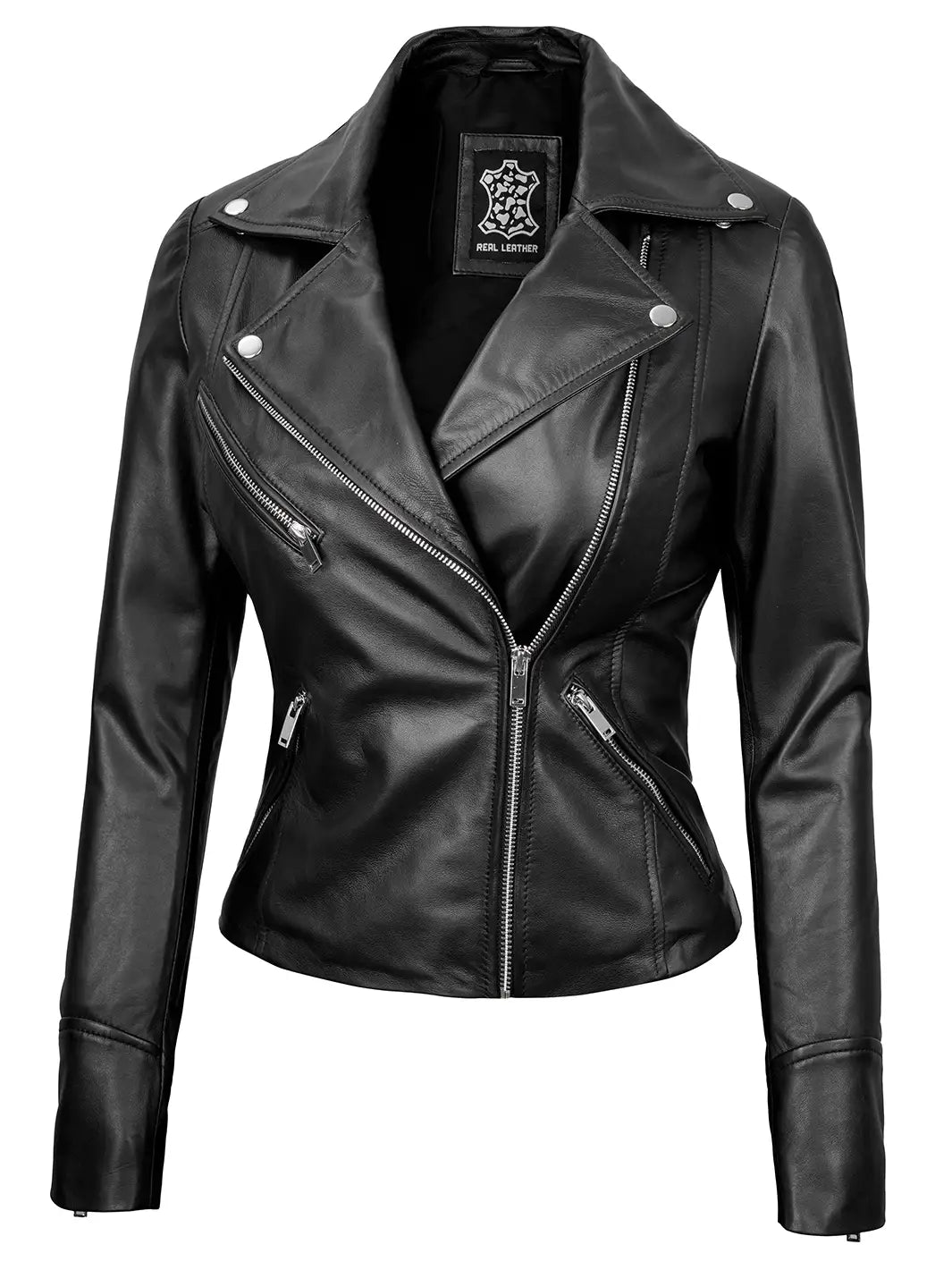 Ninfa Women's Black Asymmetrical Biker Leather Jacket