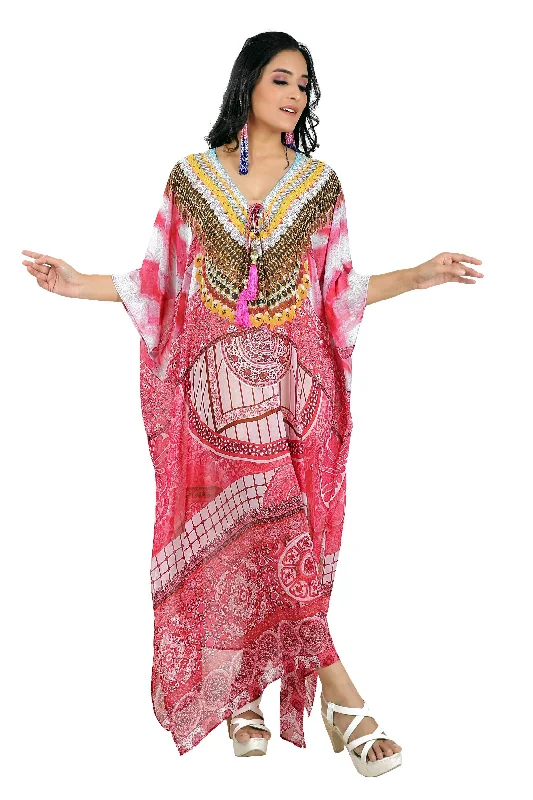 Luxury Pink color Floral art on lace up caftan  plus size Caftan Dress