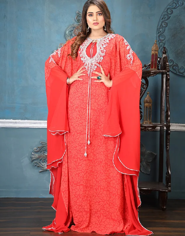 Dubai Red Georgette Stones Embroidery Farasha