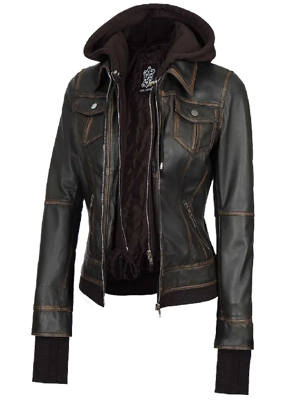 Tralee Women Dark Brown Ruboff Bomber Leather Jacket With Hood