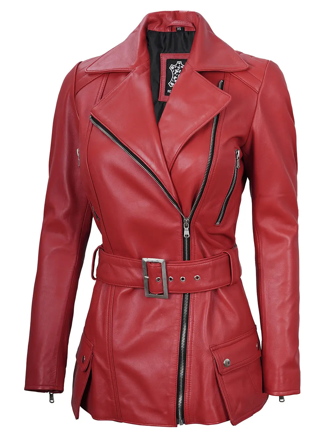 Womens Asymmetrical Red Leather Biker Jacket