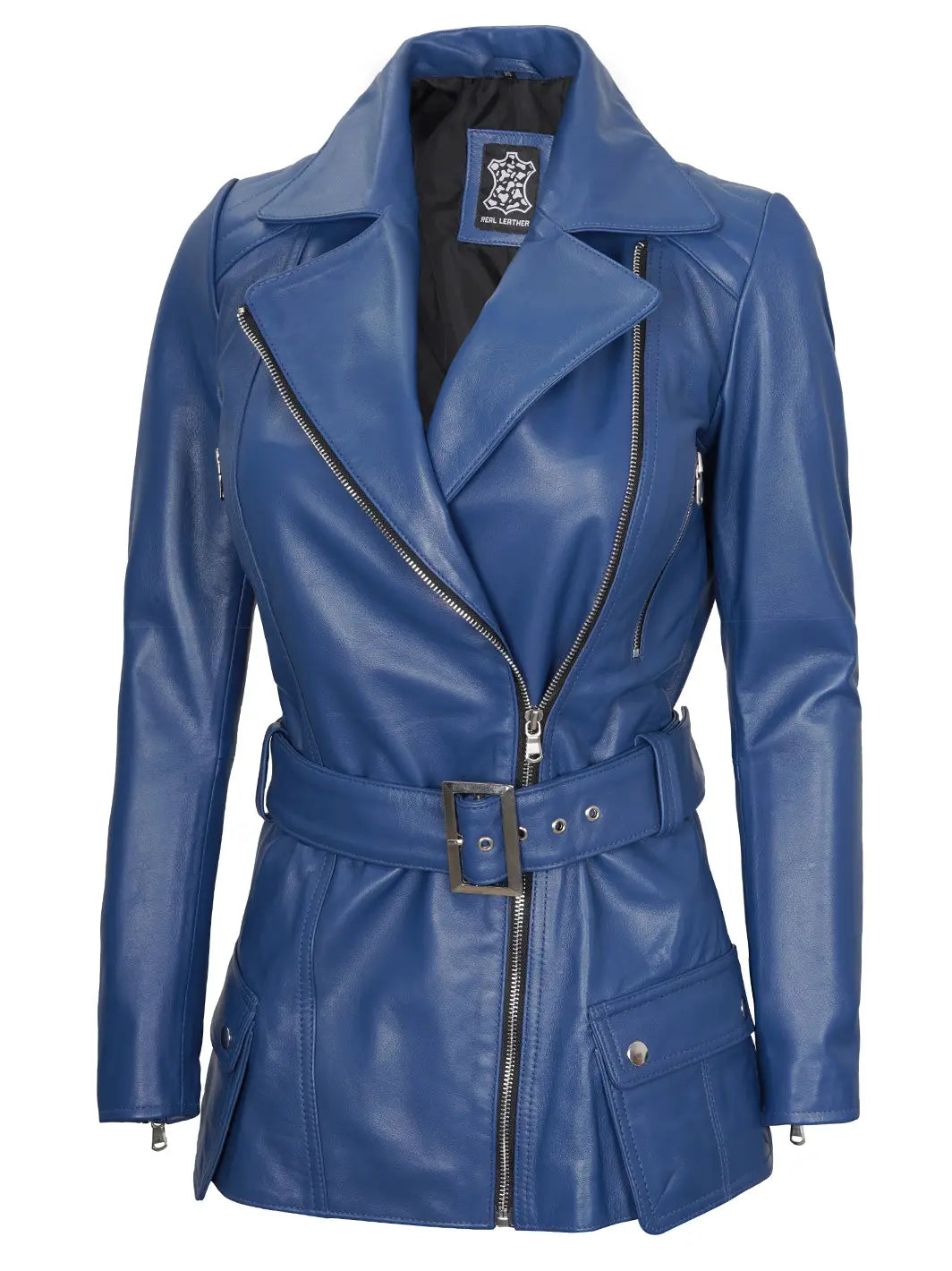 Blue Asymmetrical Biker Leather Jacket For Women