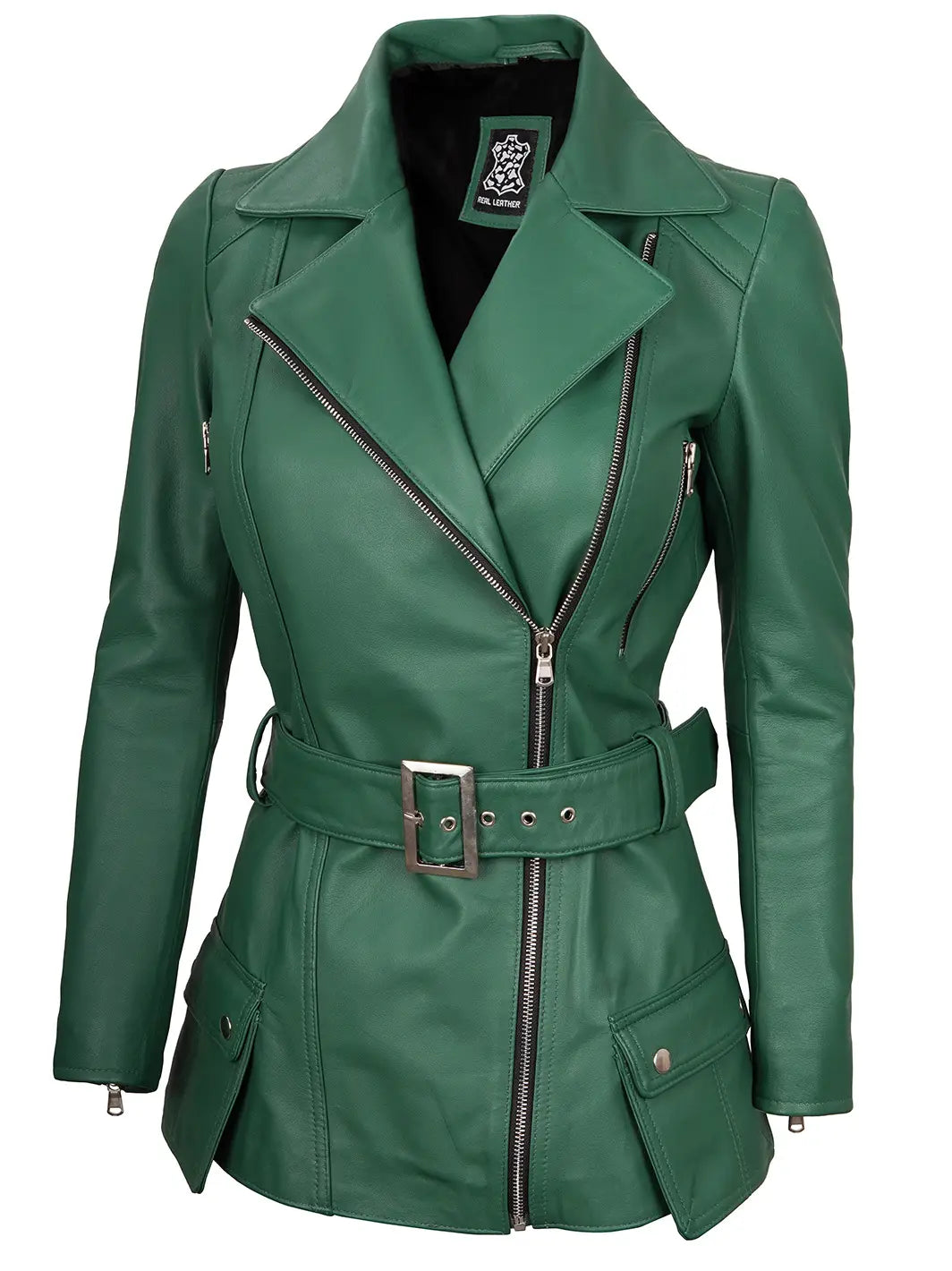 Women Green Asymmetrical Leather Biker Jacket