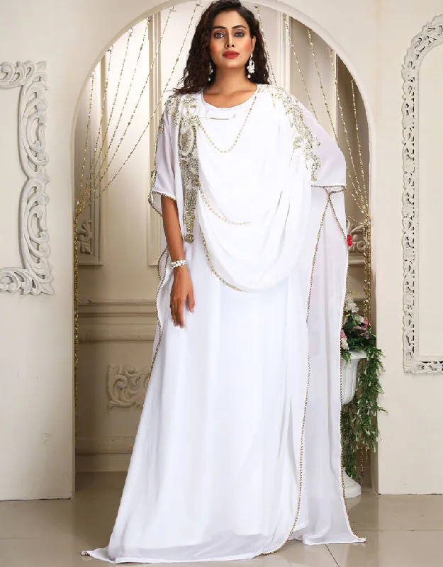 Chic White Georgette Stones Embroidery Farasha