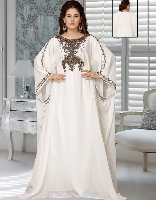 Women White Multi Embroidery Georgette Farasha