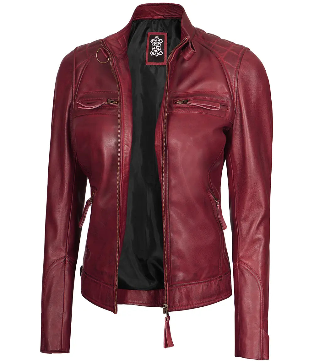 Johnson Women's Maroon Quilted Cafe Racer Leather Jacket