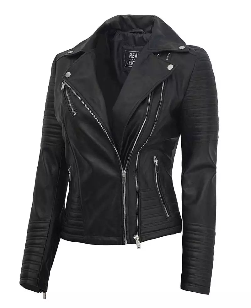 Women's Black Asymmetrical Biker Leather Jacket