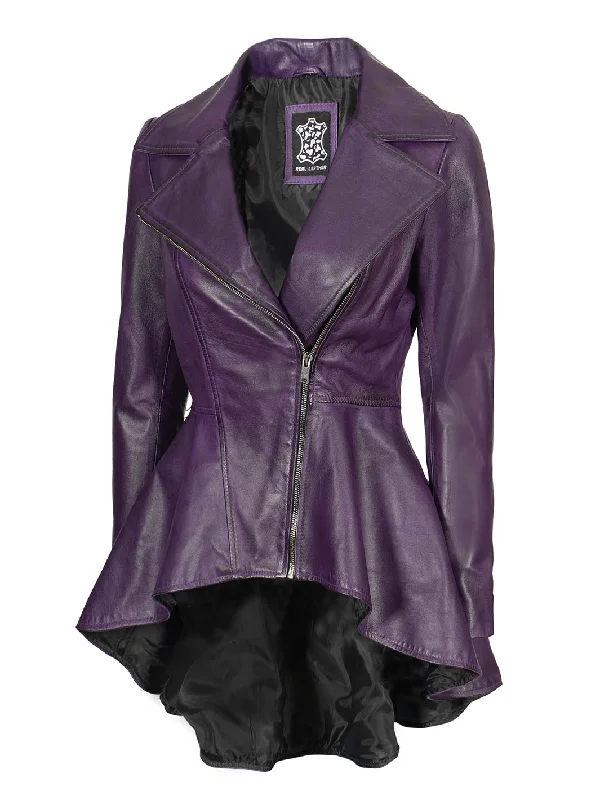 Womens Asymmetrical Peplum Purple Leather Jacket