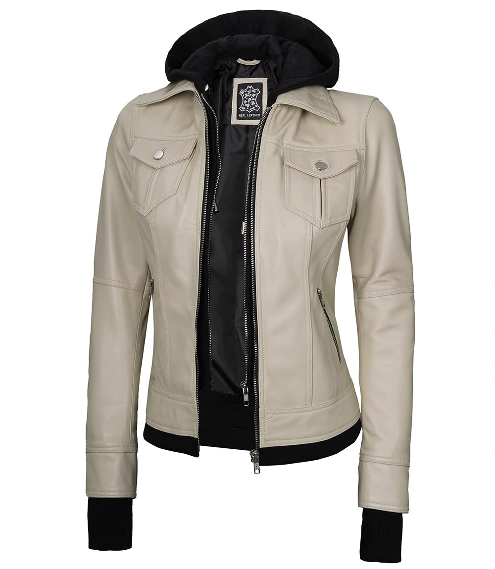 Women's Beige Motorcycle Leather Jacket with Hood