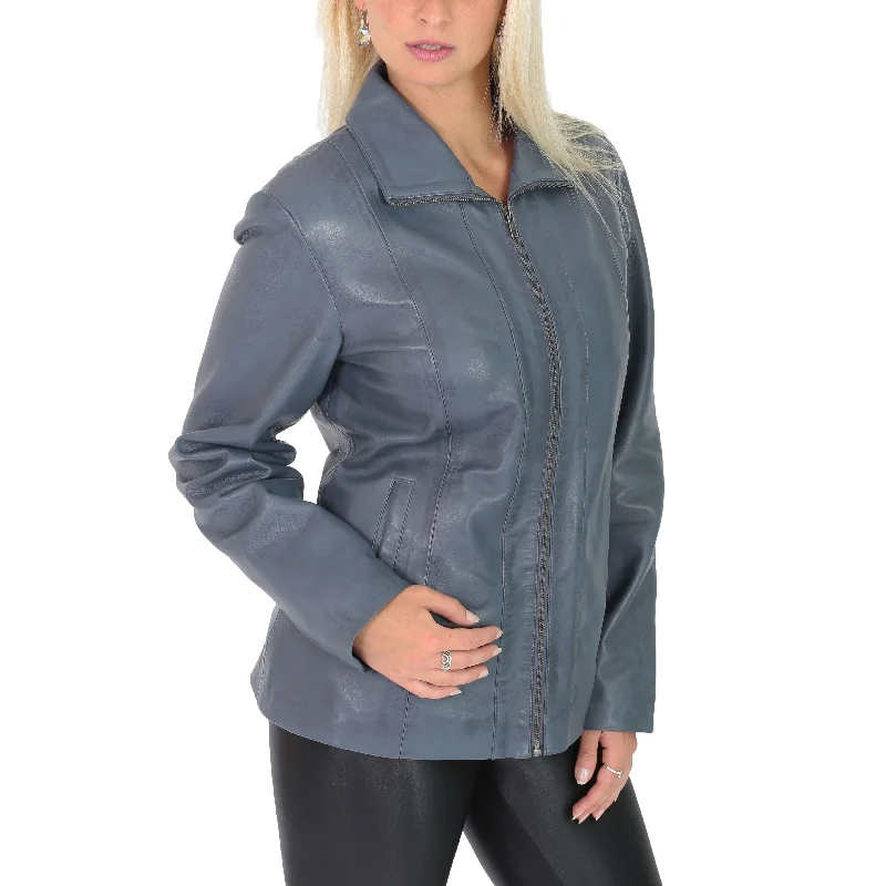 Womens Classic Semi Fitted Biker Real Leather Jacket Nicole Blue