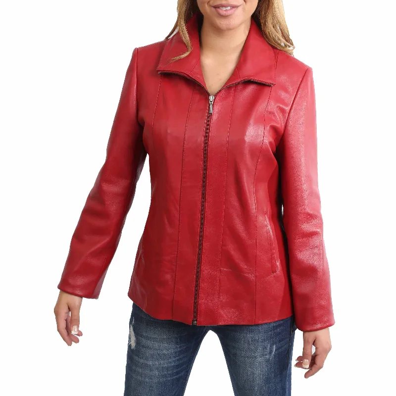 Womens Classic Semi Fitted Biker Real Leather Jacket Nicole Red