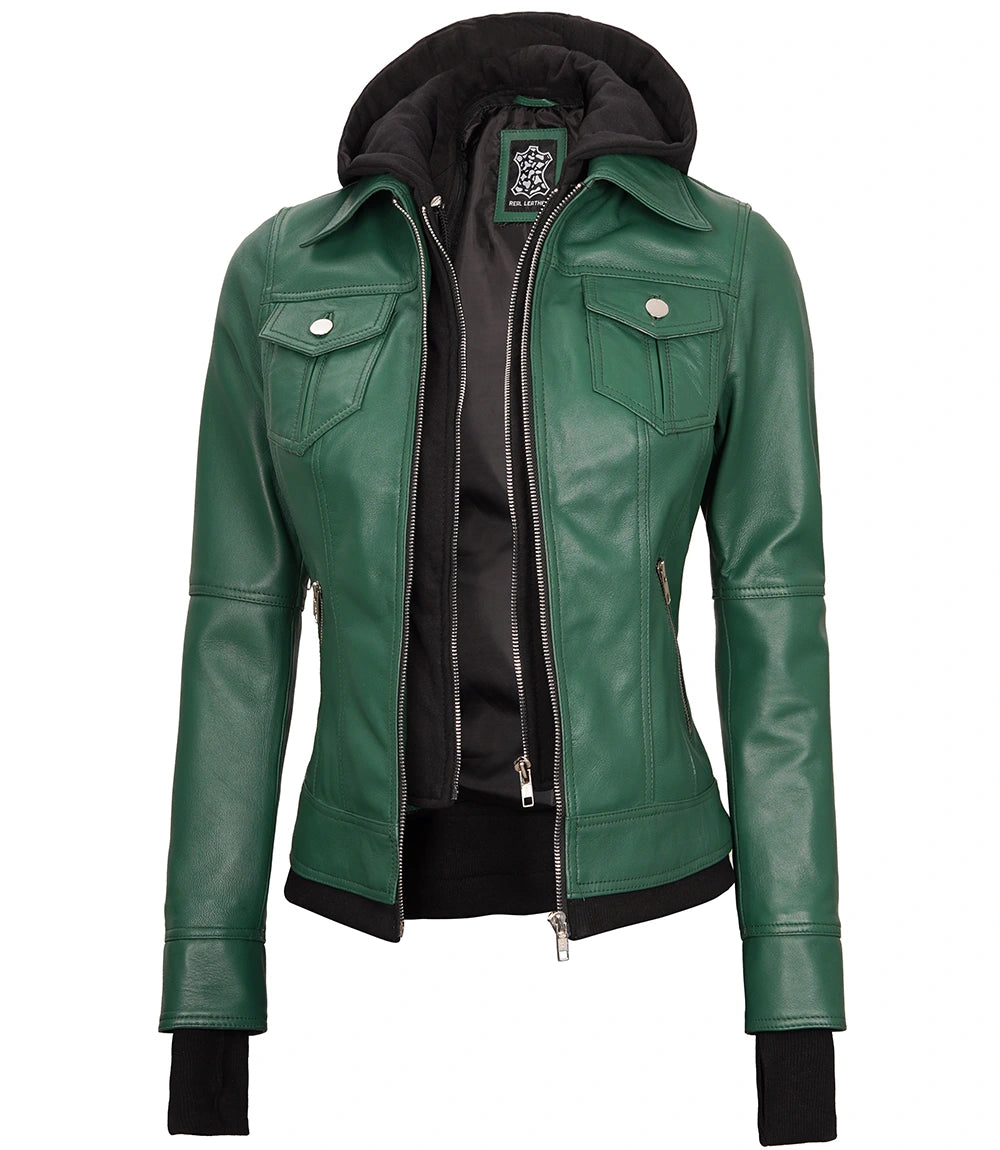 Womens Biker Green Leather Jacket with Hood