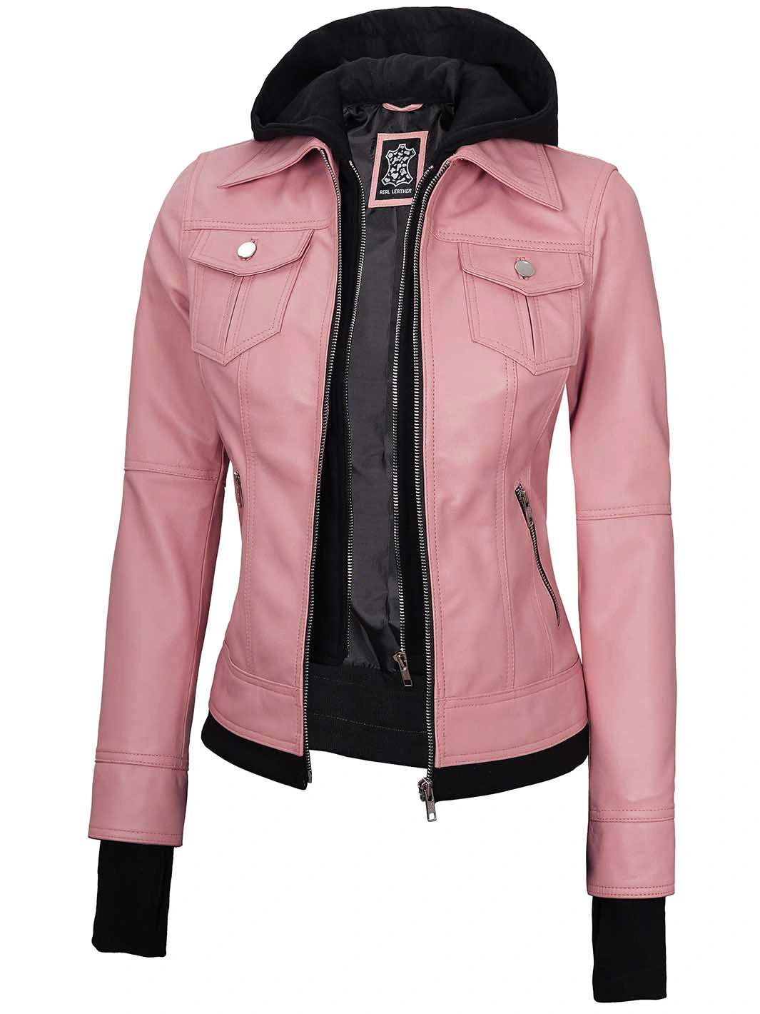 Women's Pink Hooded Leather Motorcycle Jacket